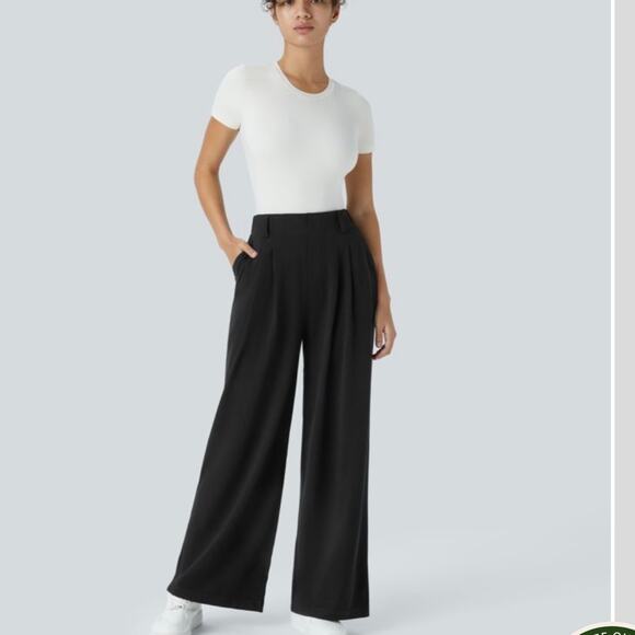 Halara Wide Leg Cotton Pants Black NWT Size L Regular Pleat Front - Picture 1 of 13